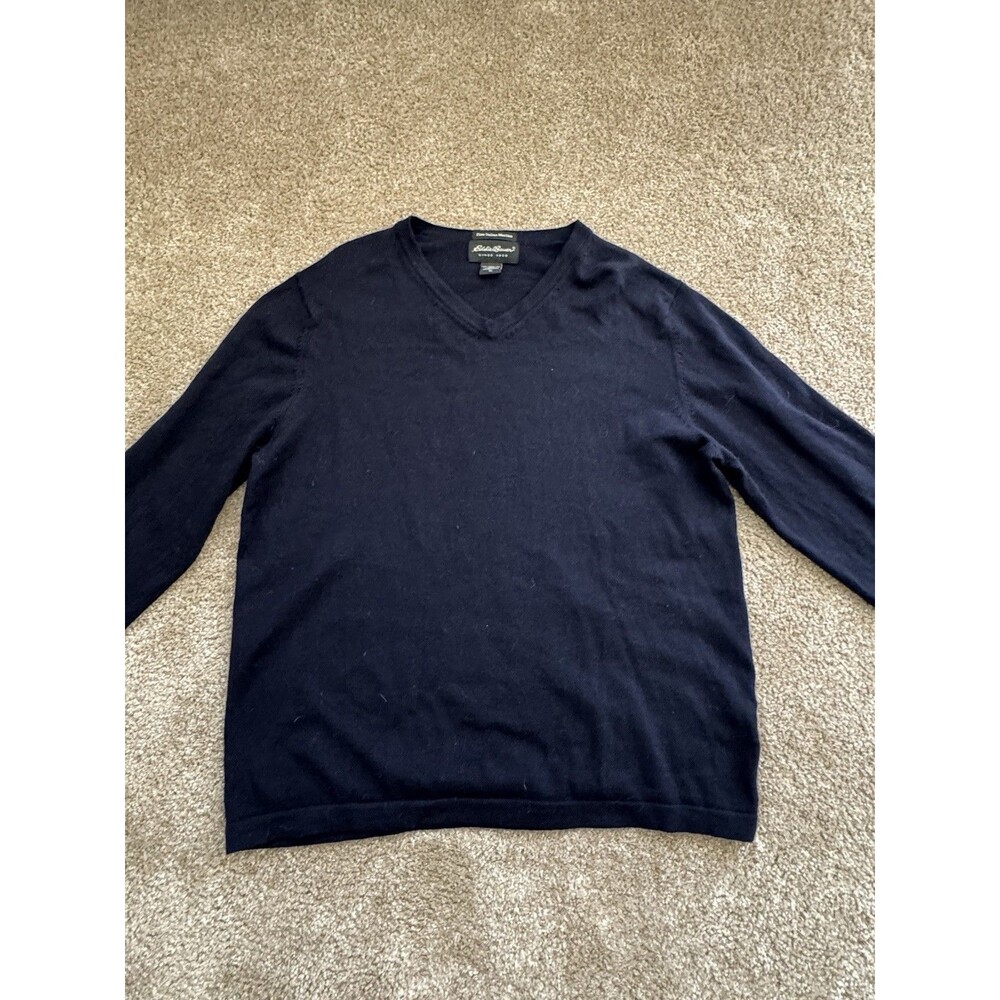 Vintage Eddie Bauer Men's XL Blue 100% Merino Wool V-Neck Pullover Sweater